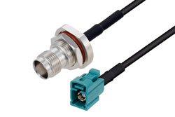 PE3W12465/HS - Water Blue FAKRA Jack to TNC Female Bulkhead Low Loss Cable Using LMR-100A-UF Coax with HeatShrink