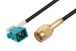 PE3W12749 - Water Blue FAKRA Jack Right Angle to SMA Male Low Loss Cable Using LMR-100A-UF Coax