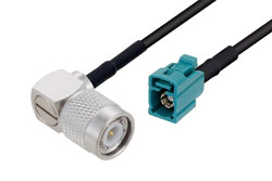 PE3W13414/HS-24 - Fire Rated TNC Male Right Angle to Water Blue FAKRA Jack Low Loss Cable Using LMR-100-FR Coax with HeatShrink in 24 Inch