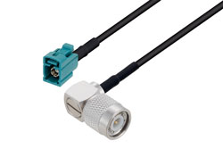 PE3W13530/HS - Water Blue FAKRA Jack to TNC Male Right Angle Low Loss Cable Using LMR-100A-UF Coax with HeatShrink