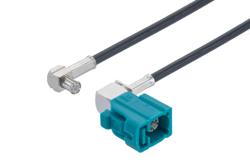 PE3W13801 - Water Blue FAKRA Jack Right Angle to MCX Plug Right Angle Low Loss Cable Using LMR-100A-UF Coax