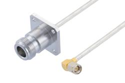 PE3W15180 - SMA Male Right Angle to N Female 4 Hole Flange Cable Using PE-SR402FL Coax