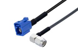 PE3W15242/HS - Blue FAKRA Jack to SMA Male Right Angle Low Loss Cable Using LMR-100A-UF Coax with HeatShrink