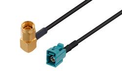 PE3W15327/HS - SMA Male Right Angle to Water Blue FAKRA Jack Low Loss Cable Using LMR-100 Coax with HeatShrink