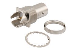 PE40009 - 12G SDI 75 Ohm BNC Female Bulkhead Mount Connector Solder Attachment 0.062" PCB, Die Cast