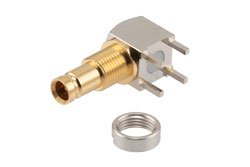 PE40018 - 12G SDI 75 Ohm 1.0/2.3 Female Right Angle Bulkhead Mount Connector Solder Attachment Thru Hole PCB