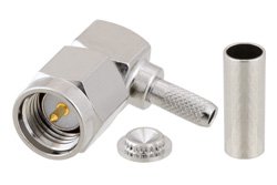 PE4009 - SMA Male Right Angle Connector Crimp/Solder Attachment for RG174, RG316, RG188, LMR-100, PE-B100, PE-C100, .100 inch