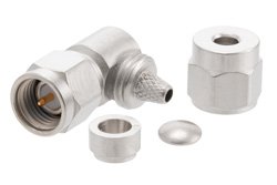 PE4028 - SMA Male Right Angle Connector Clamp/Solder Attachment for RG174, RG316, RG188, 0.100 inch, PE-B100, PE-C100, LMR-100