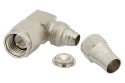 PE4029 - SMA Male Right Angle Connector Clamp/Solder Attachment For RG58, RG55, RG142, RG223, RG400