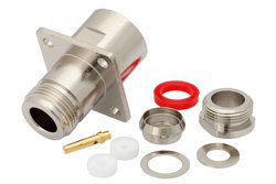 PE4060 - N Female Connector Clamp/Solder (Captive Contact) Attachment 4 Hole Flange Mount for RG214, RG213, RG393, RG8, RG225, .718 inch Hole Spacing