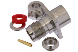 PE4066 - TNC Female Connector Clamp/Solder Attachment 4 Hole Flange For RG58, RG55, RG141, RG142, RG223, RG400, .500 inch Threaded Hole Spacing