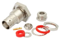 PE4078 - BNC Female Bulkhead Mount Connector Clamp/Solder Attachment for RG58, RG142, RG223, RG400, RG141, RG303, RG55, LMR-195, .480 inch D Hole