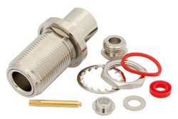 PE4114 - N Female Bulkhead Connector Clamp/Solder Attachment For RG58, RG55, RG141, RG142, RG223, RG400, .640 inch DD Hole
