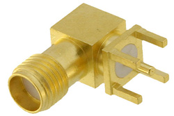 PE4118 - SMA Female Right Angle Connector Solder Attachment Thru Hole PCB, .200 inch x .067 inch Hole Spacing