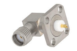 PE4123 - SMA Female Right Angle Connector Solder Attachment 4 Hole Flange Mount Solder Cup Terminal, .340 inch Hole Spacing