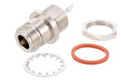 PE4137 - N Female Bulkhead Mount Pressurized Connector Solder Attachment Solder Cup Terminal, .640 inch DD Hole