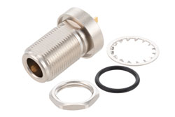 PE4139 - N Female Bulkhead Mount Connector Solder Attachment Pin Terminal, .640 inch DD Hole