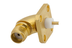 PE4220 - SMA Female Radius Right Angle Connector Solder Attachment 4 Hole Flange Mount Solder Cup Terminal, .340 inch Hole Spacing