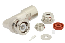 PE4307 - BNC Male Right Angle Connector Clamp/Solder Attachment for RG174, RG316, RG188, .100 inch, PE-B100, PE-C100, LMR-100
