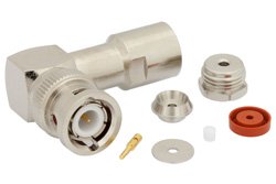 PE4388 - BNC Male Right Angle Connector Clamp/Solder Attachment For RG178, RG196