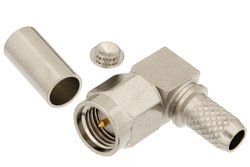 PE4405 - SMA Male Right Angle Connector Crimp/Solder Attachment for RG58, RG303, RG141, PE-C195, PE-P195, LMR-195, .195 inch
