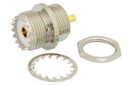 PE44059 - UHF Female Bulkhead Mount Connector Solder Attachment Solder Cup Terminal, .575 inch D Hole, Front Mount