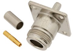PE44069 - N Female Connector Crimp/Solder Attachment 4 Hole Flange For RG58, .718 inch Hole Spacing