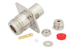 PE44070 - N Female Connector Clamp/Solder Attachment 4 Hole Flange For RG174, RG316, RG188, .718 inch Hole Spacing