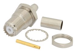 PE44086 - Mini UHF Female Bulkhead Connector Crimp/Solder Attachment For RG55, RG141, RG142, RG223, RG400, .410 inch D Hole