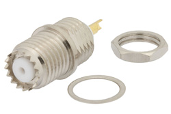 PE44089 - Mini UHF Female Bulkhead Connector Solder Attachment Solder Cup Terminal, .350 inch D Hole, Front Mount