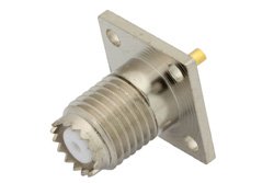 PE44091 - Mini UHF Female Connector Solder Attachment 4 Hole Flange Mount Solder Cup Terminal, .437 inch Hole Spacing