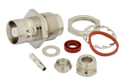 PE44099 - C Female Bulkhead Connector Clamp/Solder Attachment For RG58, RG55, RG141, RG142, RG223, RG400, .596 inch D Hole