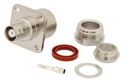 PE44112 - MHV Female Connector Clamp/Solder Attachment 4 Hole Flange For RG213, RG214, RG8, RG9, RG11, RG225, RG393, .718 inch Hole Spacing