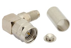 PE44186 - RT SMA Male Right Angle Connector Crimp/Solder Attachment for RG55, RG141, RG142, RG223, RG400