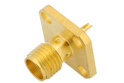 PE44200 - RT SMA Female Connector Solder Attachment 4 Hole Flange Solder Cup Terminal, .340 inch Hole Spacing