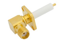 PE44236 - SMA Female Right Angle Connector Solder Attachment 4 Hole Flange Mount Pin Terminal, .340 inch Hole Spacing