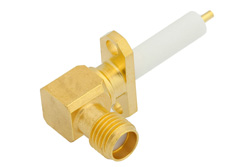 PE44237 - SMA Female Right Angle Connector Solder Attachment 2 Hole Flange Mount Pin Terminal, .481 inch Hole Spacing, 90 Degree Flange Direction