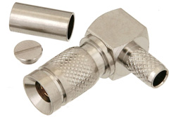 PE44248 - 1.0/2.3 Plug Right Angle Connector Crimp/Solder Attachment for RG58, RG303, RG141, PE-C195, PE-P195, LMR-195, 0.195 inch
