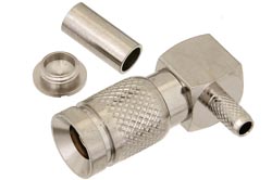 PE44249 - 1.0/2.3 Plug Right Angle Connector Crimp/Solder Attachment for RG174, RG316, RG188, LMR-100, PE-B100, PE-C100, 0.100 inch