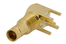 PE44258 - 1.0/2.3 Jack Right Angle Connector Solder Attachment Thru Hole PCB, .200 inch x .055 inch Hole Spacing