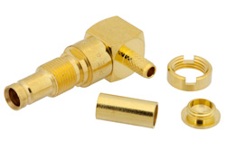 PE44261 - 1.0/2.3 Jack Right Angle Bulkhead Connector Crimp/Solder Attachment For RG174, RG316, RG188, .236 inch DD Hole