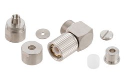 PE44264 - 75 Ohm 1.6/5.6 Plug Right Angle Connector Clamp/Solder Attachment For RG179, RG187