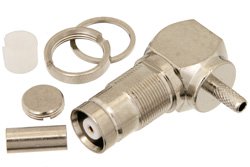 PE44268 - 75 Ohm 1.6/5.6 Jack Right Angle Bulkhead Connector Crimp/Solder Attachment For RG179, RG187, .362 inch DD Hole