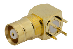 PE44271 - 75 Ohm 1.6/5.6 Jack Right Angle Connector Solder Attachment Thru Hole PCB, .200 inch x .052 inch Hole Spacing