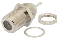 PE44327 - 75 Ohm F Female Bulkhead Mount Connector Solder Attachment Tab Terminal, .380 inch DD Hole