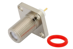 PE44329 - 75 Ohm F Female Connector Solder Attachment 4 Hole Flange Mount Pin Terminal, .500 inch Hole Spacing