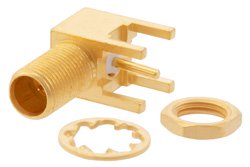 PE44376 - RP MCX Jack Right Angle Bulkhead Connector Solder Attachment Thru Hole PCB, .177 inch D Hole