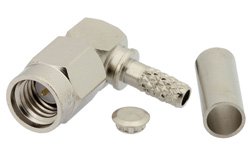 PE44378 - SSMA Male Right Angle Connector Crimp/Solder Attachment for RG174, RG316, RG188, PE-B100, PE-C100, 0.100 inch, LMR-100