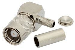 PE44446 - 75 Ohm SMB Positive Snap Plug Right Angle Connector Crimp/Solder Attachment For RG180, RG195