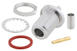 PE44528 - N Female Bulkhead Mount Connector Crimp/Solder Attachment for PE-C195, PE-P195, RG58, RG141, RG303, LMR-195, 0.195 inch, .640 inch DD Hole